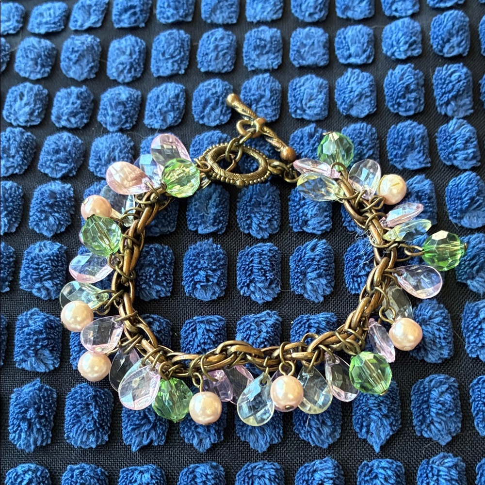 Crystal and Pearl Charm Bracelet - Green, Pink, Clear - Unbranded